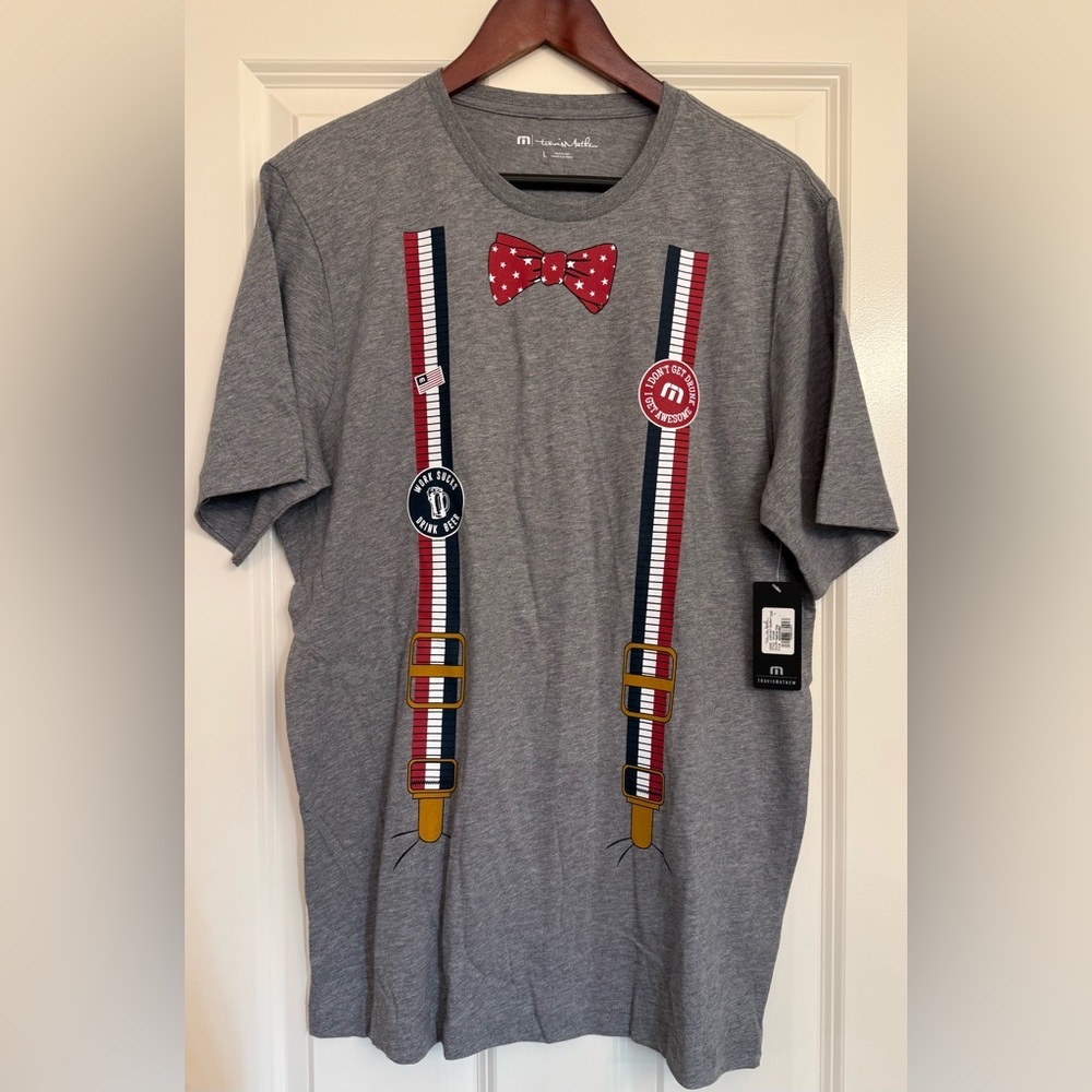NWT Travis Matthew Men’s Gray with suspenders Graphic Cotton T Shirt Size Large
